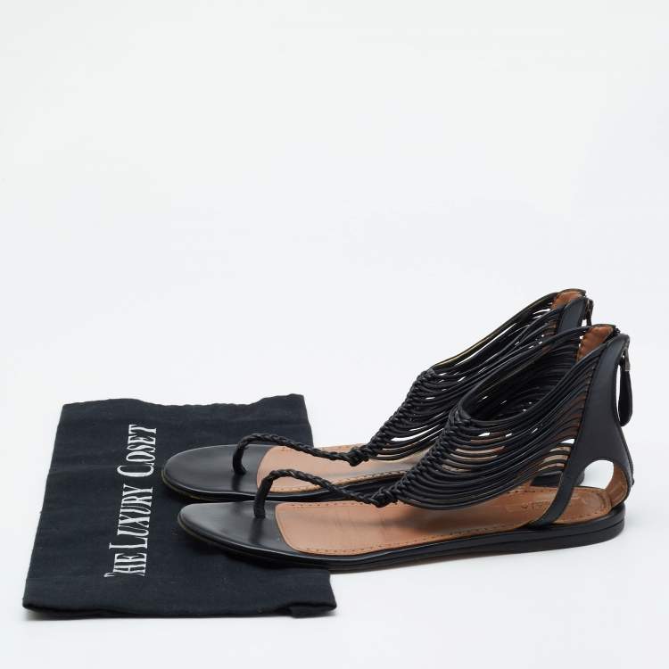 Pre Owned Alaia Black Leather T-Strap Flat Sandals Size 37.5