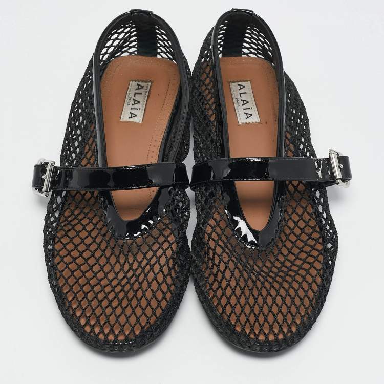 Pre Owned Alaia Black Fishnet and Patent Leather Ballet Flats Size 38.5