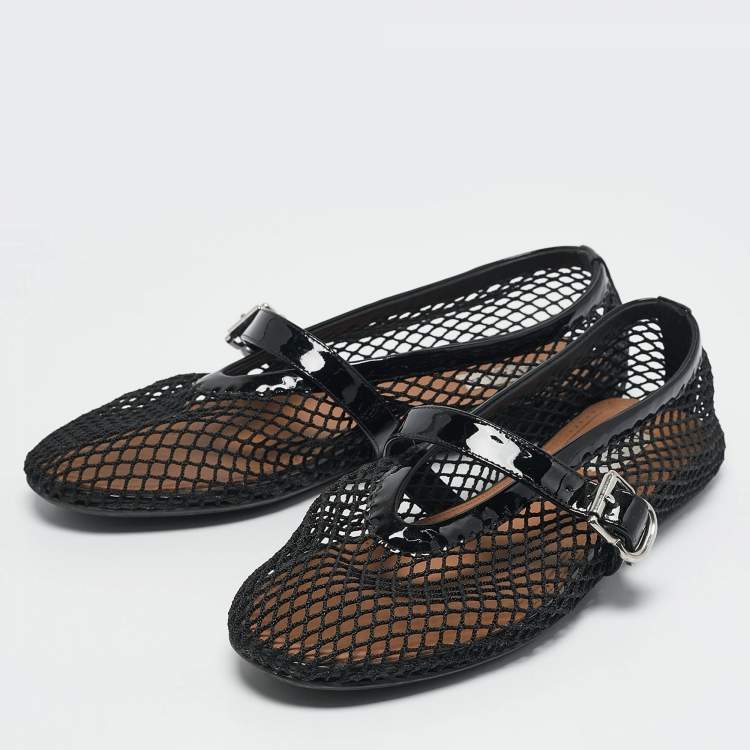 Pre Owned Alaia Black Fishnet and Patent Leather Ballet Flats Size 38.5