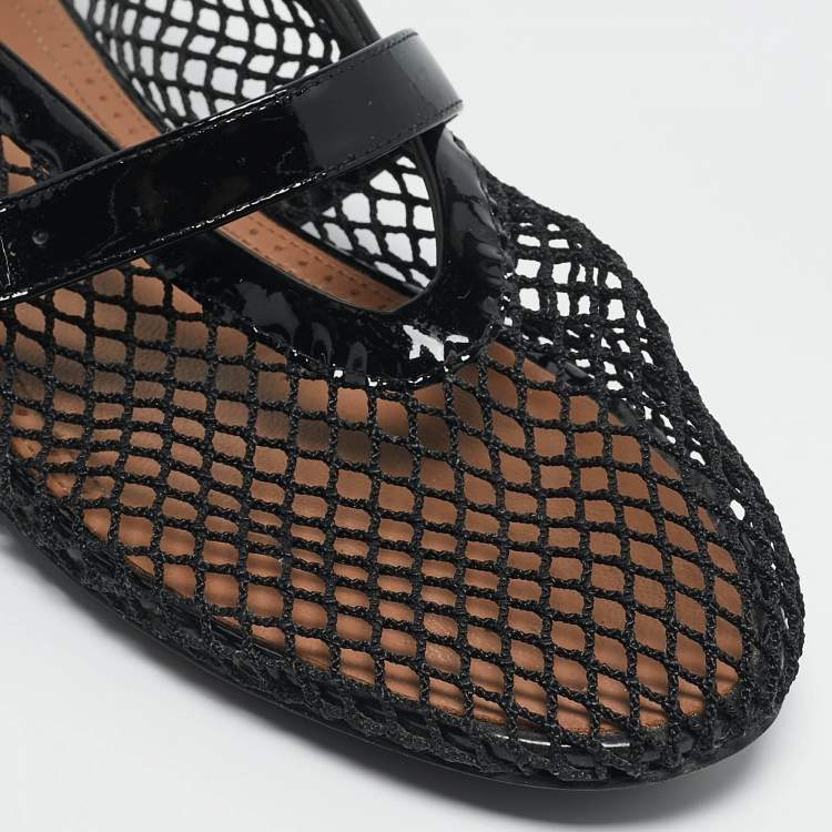 Pre Owned Alaia Black Fishnet and Patent Leather Ballet Flats Size 38.5