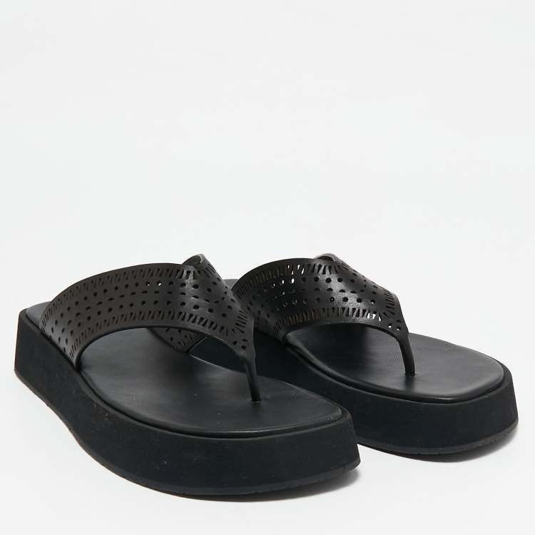 Pre Owned Alaia Black Leather Perforated Thong Flats Size 38