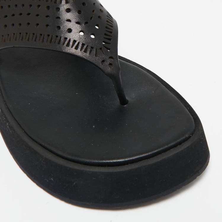 Pre Owned Alaia Black Leather Perforated Thong Flats Size 38
