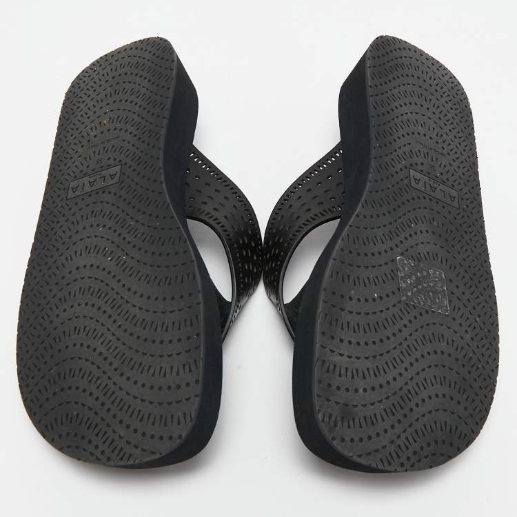 Pre Owned Alaia Black Leather Perforated Thong Flats Size 38