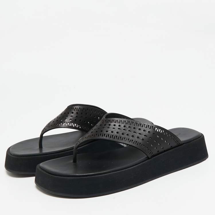 Pre Owned Alaia Black Leather Perforated Thong Flats Size 38