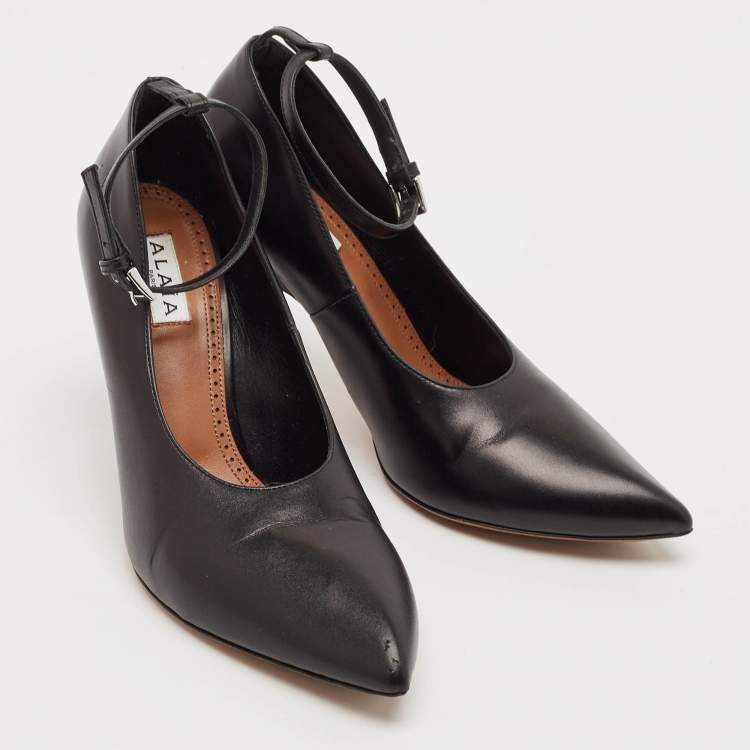 Pre Owned Alaia Black Leather Pointed Toe Ankle Strap Pumps Size 38