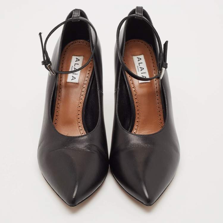 Pre Owned Alaia Black Leather Pointed Toe Ankle Strap Pumps Size 38