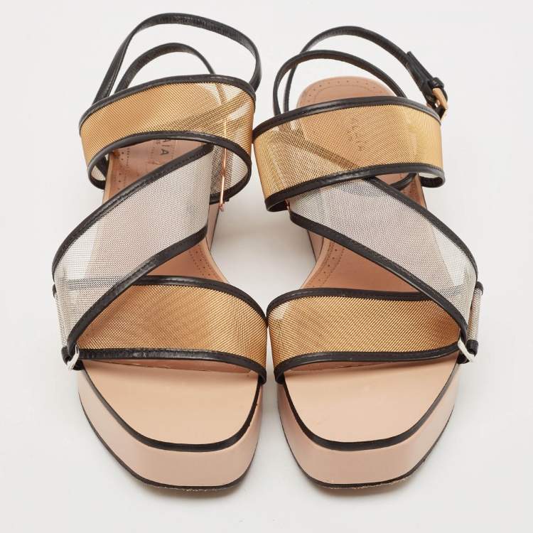 Pre Owned Alaia Multicolor Mesh and Leather Wedge Platform Sandals Size 37