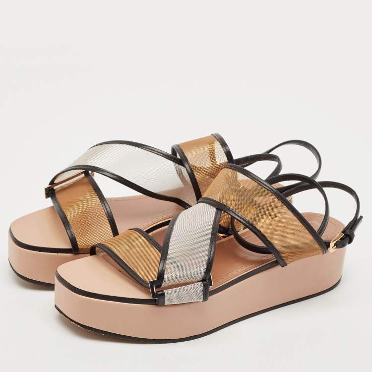 Pre Owned Alaia Multicolor Mesh and Leather Wedge Platform Sandals Size 37