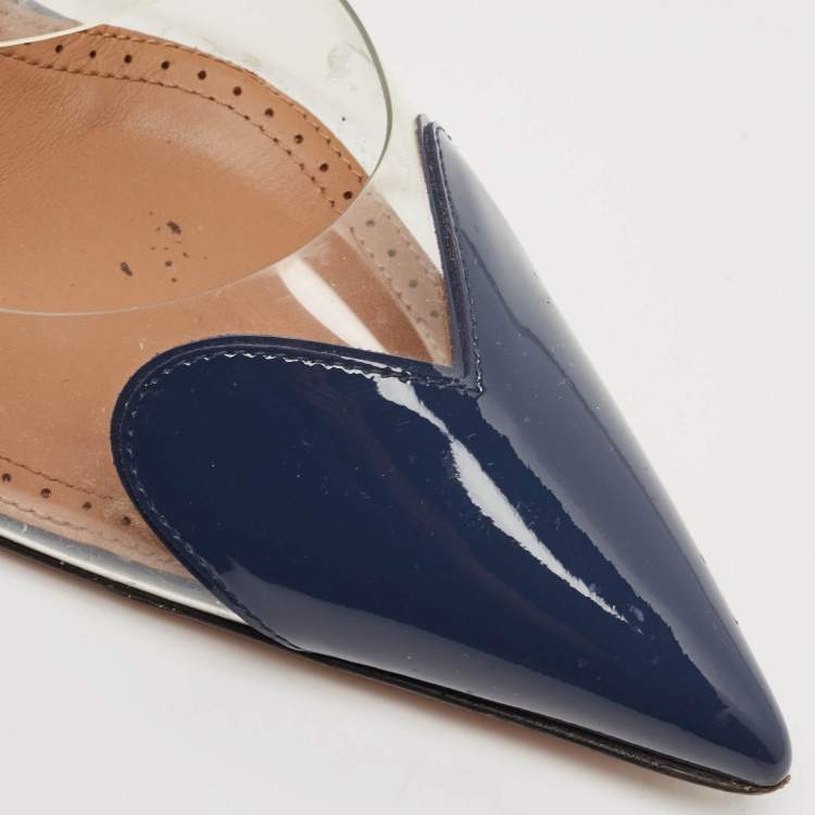 Pre Owned Alaia Navy Blue Patent Leather and PVC Le Coeur Mules Size 38