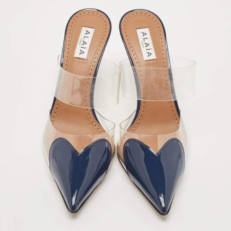 Pre Owned Alaia Navy Blue Patent Leather and PVC Le Coeur Mules Size 38