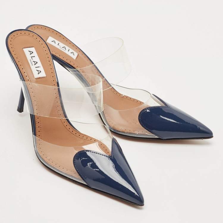 Pre Owned Alaia Navy Blue Patent Leather and PVC Le Coeur Mules Size 38