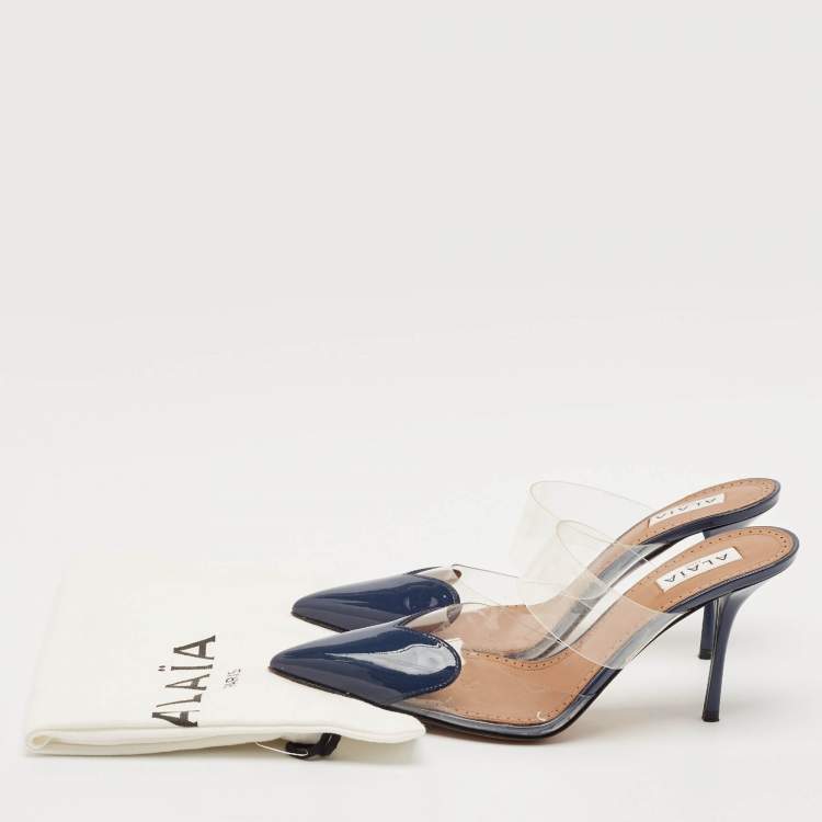 Pre Owned Alaia Navy Blue Patent Leather and PVC Le Coeur Mules Size 38