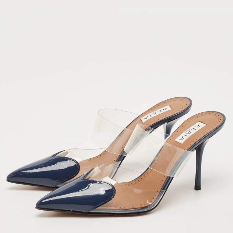 Pre Owned Alaia Navy Blue Patent Leather and PVC Le Coeur Mules Size 38