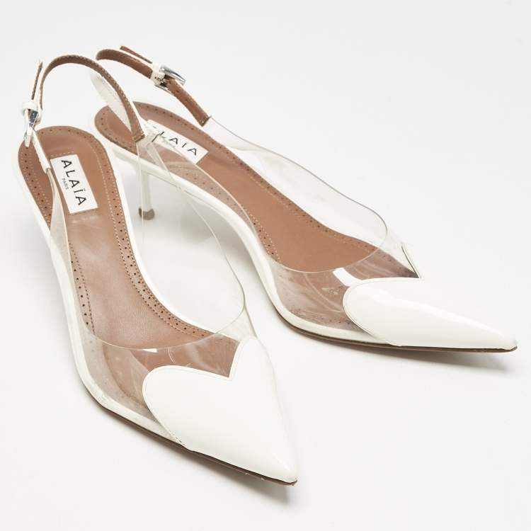 Pre Owned Alaia White Patent Leather and PVC le coeur Slingback Pumps Size 38