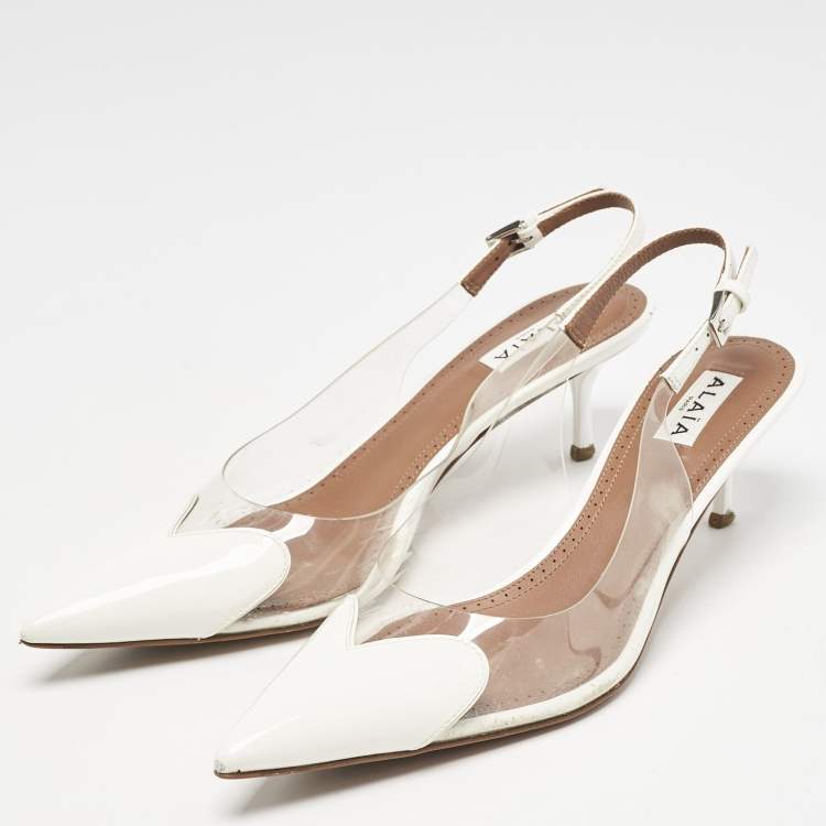 Pre Owned Alaia White Patent Leather and PVC le coeur Slingback Pumps Size 38
