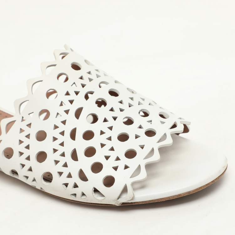 Pre Owned Alaia White Leather Vienne Flat Slide Size 38