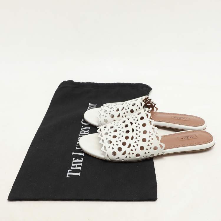 Pre Owned Alaia White Leather Vienne Flat Slide Size 38