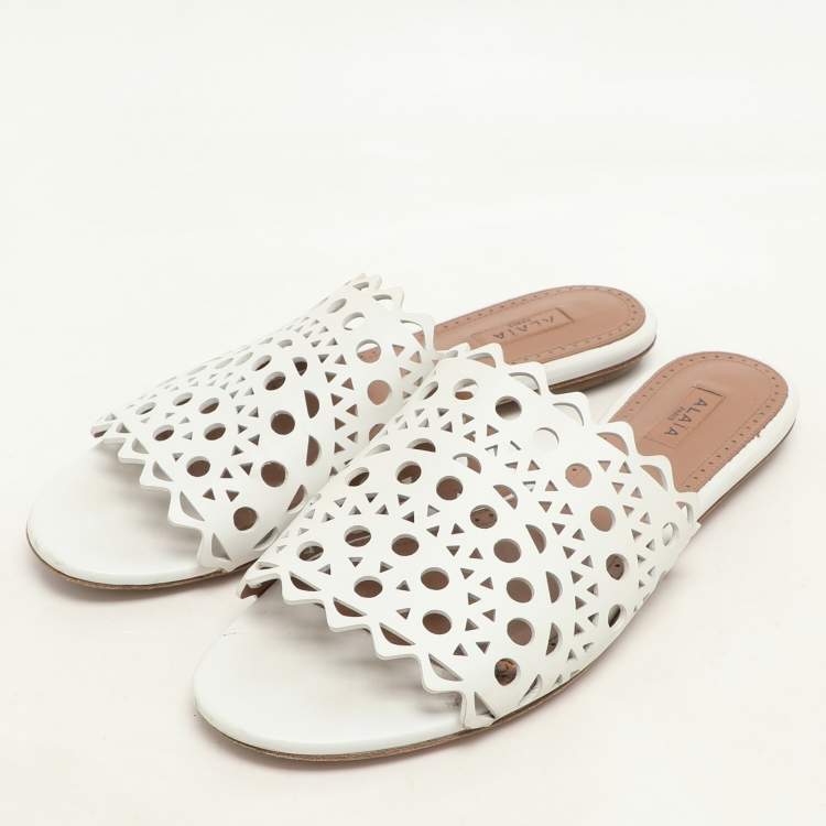 Pre Owned Alaia White Leather Vienne Flat Slide Size 38
