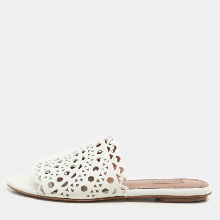 Pre Owned Alaia White Leather Vienne Flat Slide Size 38