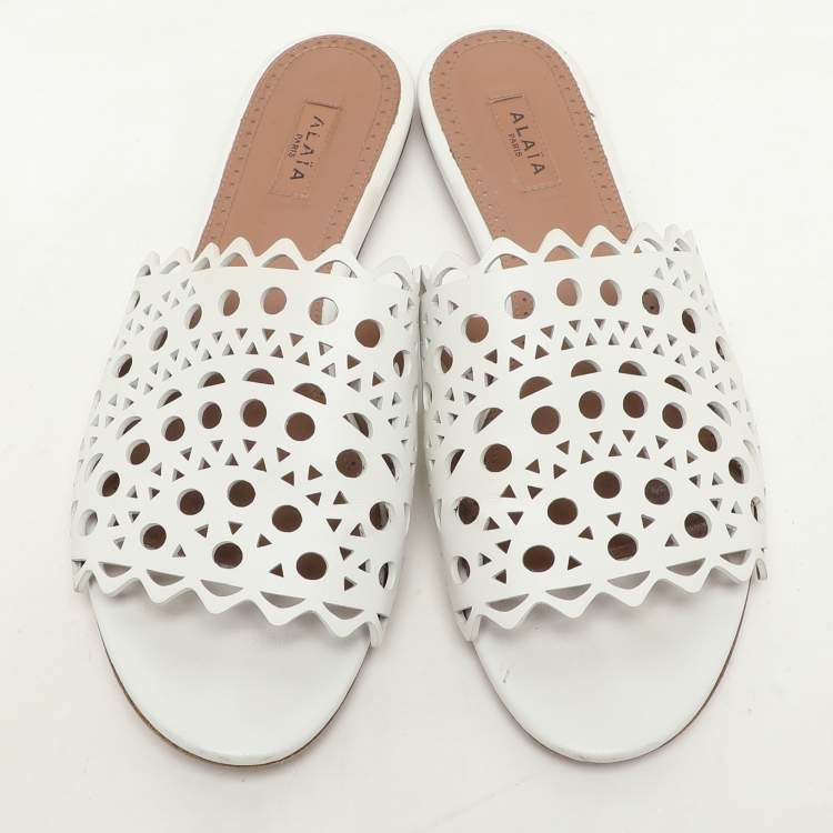 Pre Owned Alaia White Leather Vienne Flat Slide Size 38