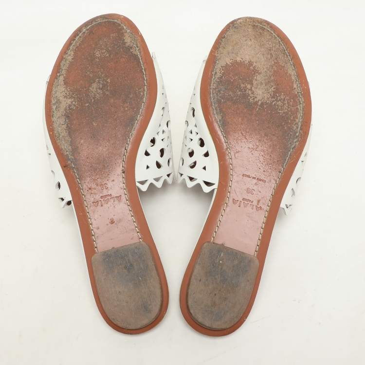 Pre Owned Alaia White Leather Vienne Flat Slide Size 38