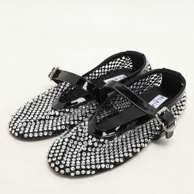 Pre Owned Alaia Silver/Black Crystal Embellished Mesh and Patent Leather Ballet Flats Size 36