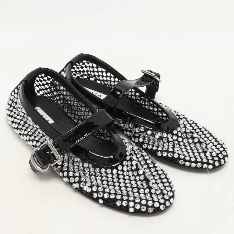 Pre Owned Alaia Silver/Black Crystal Embellished Mesh and Patent Leather Ballet Flats Size 36
