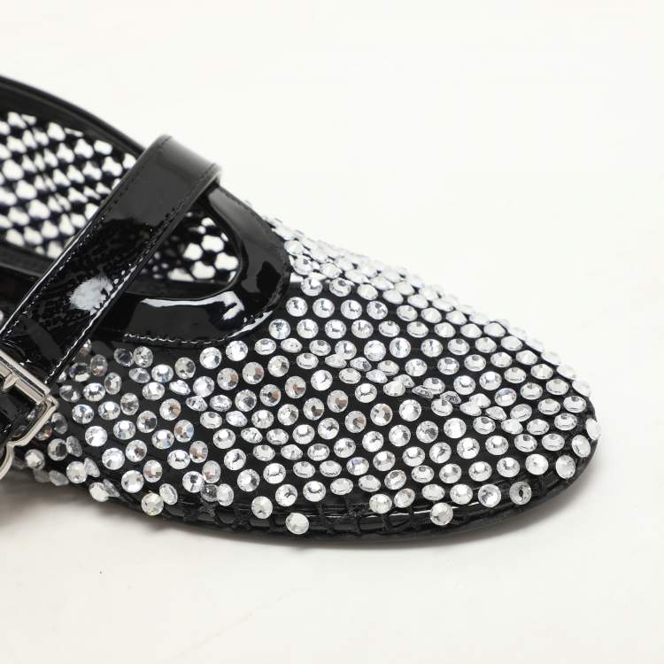 Pre Owned Alaia Silver/Black Crystal Embellished Mesh and Patent Leather Ballet Flats Size 36