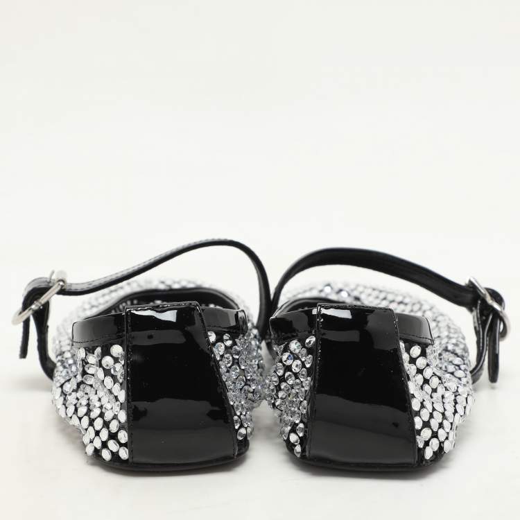 Pre Owned Alaia Silver/Black Crystal Embellished Mesh and Patent Leather Ballet Flats Size 36