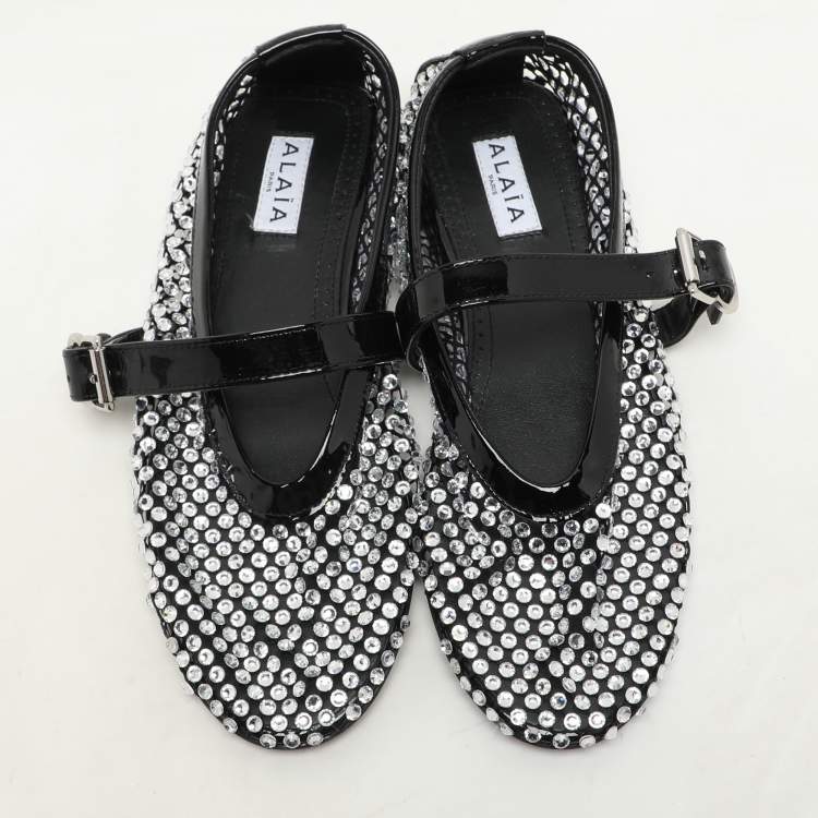 Pre Owned Alaia Silver/Black Crystal Embellished Mesh and Patent Leather Ballet Flats Size 36