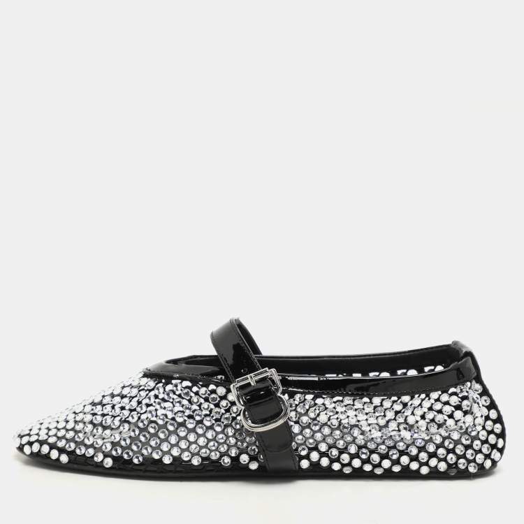 Pre Owned Alaia Silver/Black Crystal Embellished Mesh and Patent Leather Ballet Flats Size 36