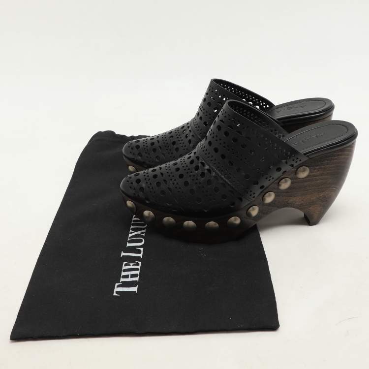 Pre Owned Alaia Black Leather Le Sabot Clogs Wedge Sandals Size 37