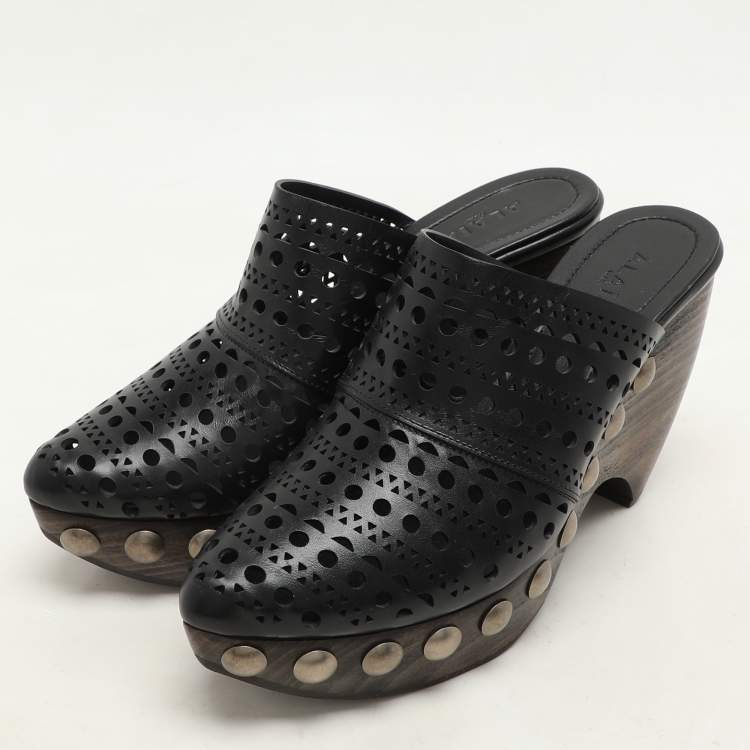 Pre Owned Alaia Black Leather Le Sabot Clogs Wedge Sandals Size 37