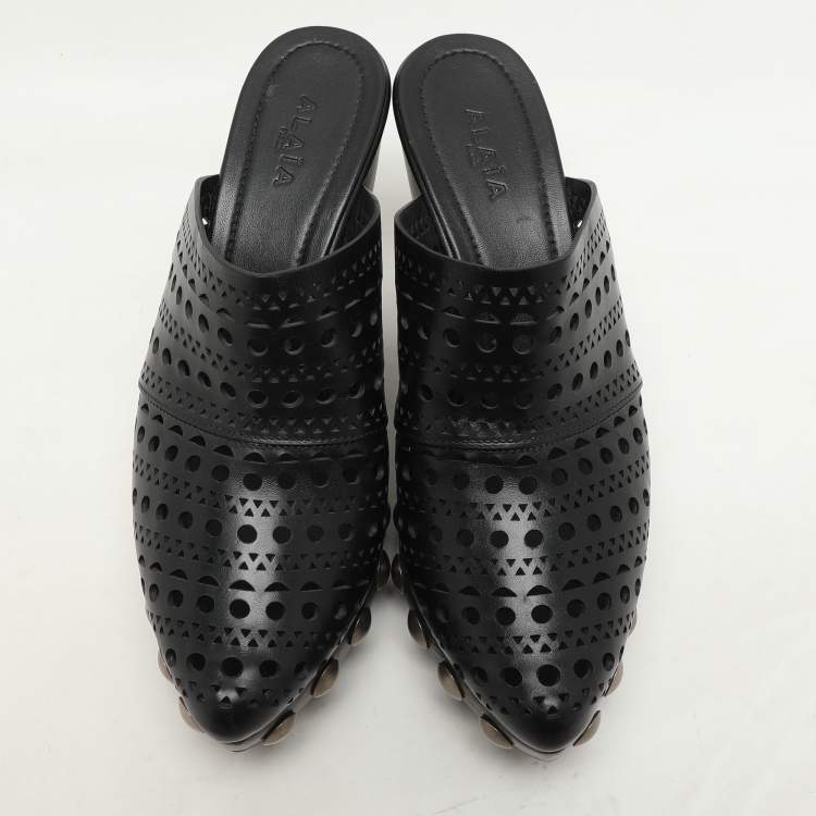 Pre Owned Alaia Black Leather Le Sabot Clogs Wedge Sandals Size 37
