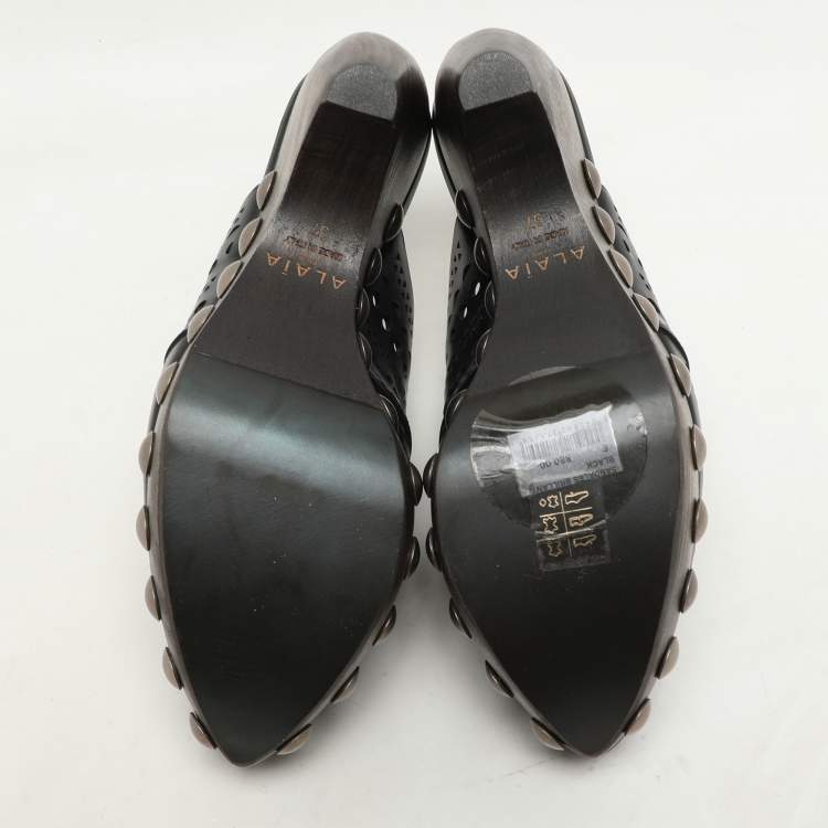 Pre Owned Alaia Black Leather Le Sabot Clogs Wedge Sandals Size 37