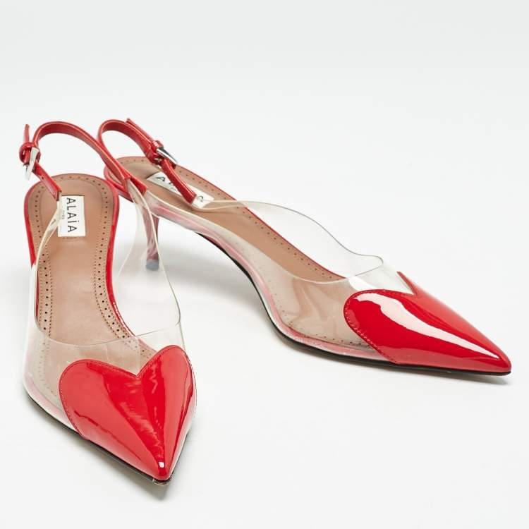 Pre Owned Alaia Red Patent Leather and PVC Le Coeur Slingback Pointed Toe Pumps Size 38