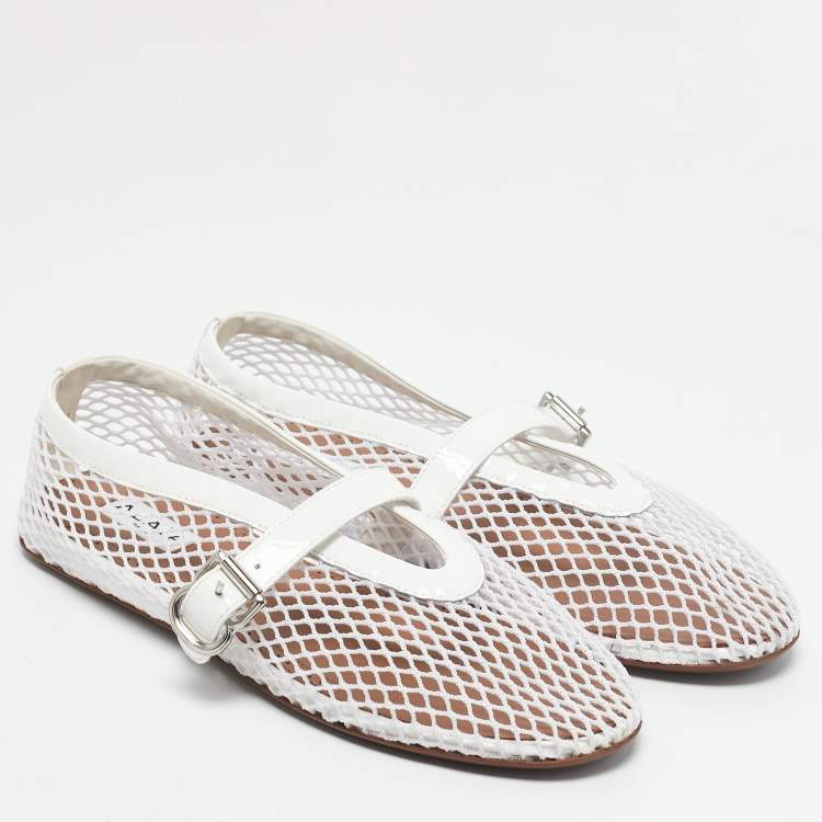 Pre Owned Alaia White Mesh and Patent Leather Buckle Detail Ballet Flats Size 36.5