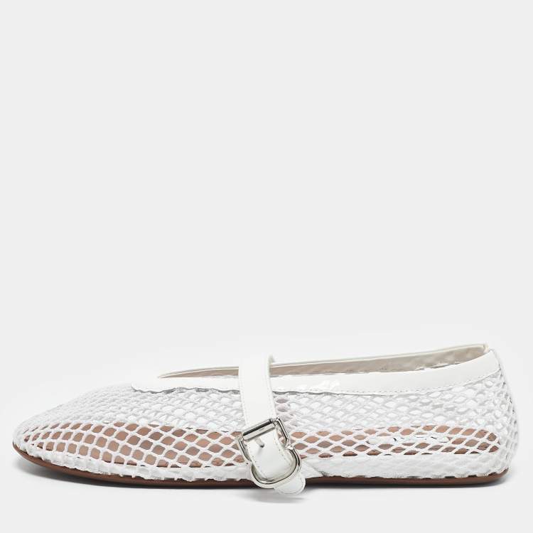 Pre Owned Alaia White Mesh and Patent Leather Buckle Detail Ballet Flats Size 36.5