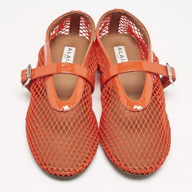 Pre Owned Alaia Red Mesh and Patent Leather Fishnet Ballet Flats Size 38