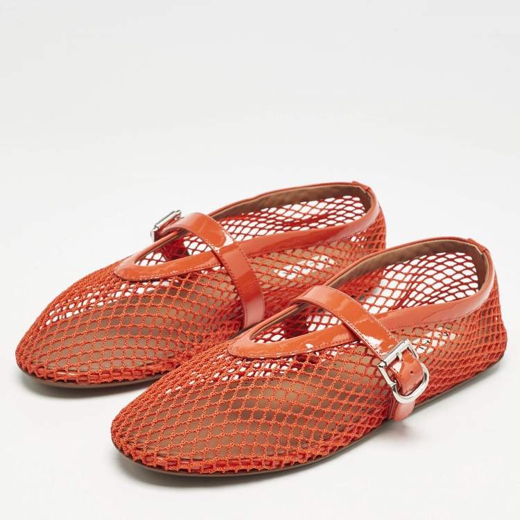 Pre Owned Alaia Red Mesh and Patent Leather Fishnet Ballet Flats Size 38