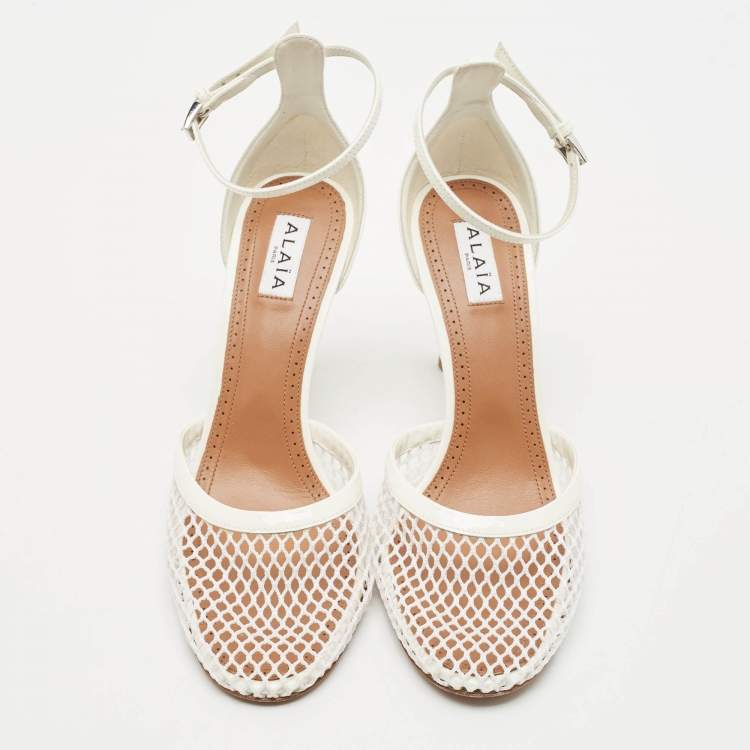 Pre Owned Alaia White Fishnet  and Patent Leather Mary Jane Pumps Size 39