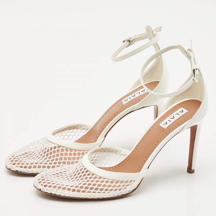 Pre Owned Alaia White Fishnet  and Patent Leather Mary Jane Pumps Size 39