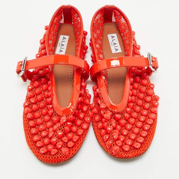 Pre Owned Alaia Orange Fishnet and Patent Leather Ballet Flats Size 37.5