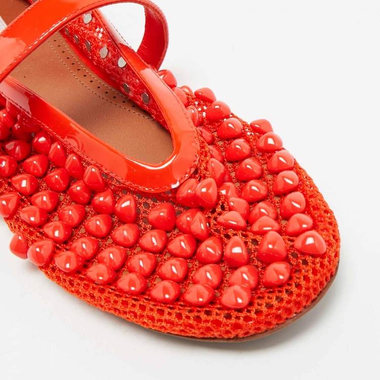 Pre Owned Alaia Orange Fishnet and Patent Leather Ballet Flats Size 37.5