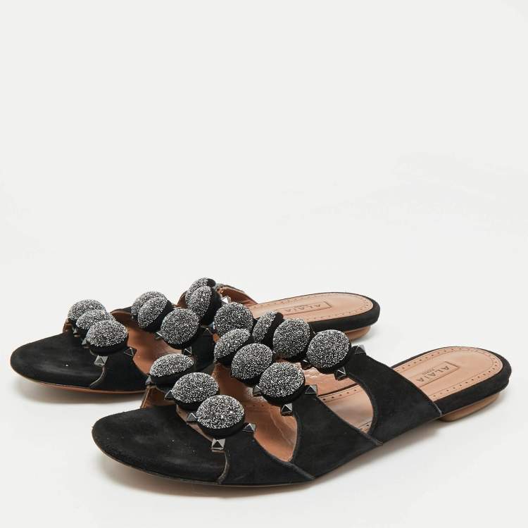 Pre Owned Alaia Black Suede Bombe Flat Slides Size 38 