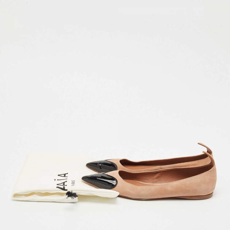 Pre Owned Alaia Beige/Black Patent Leather and Suede Ballet Flats Size 38