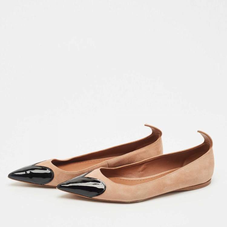 Pre Owned Alaia Beige/Black Patent Leather and Suede Ballet Flats Size 38