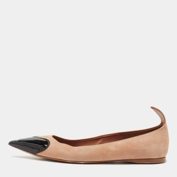 Pre Owned Alaia Beige/Black Patent Leather and Suede Ballet Flats Size 38