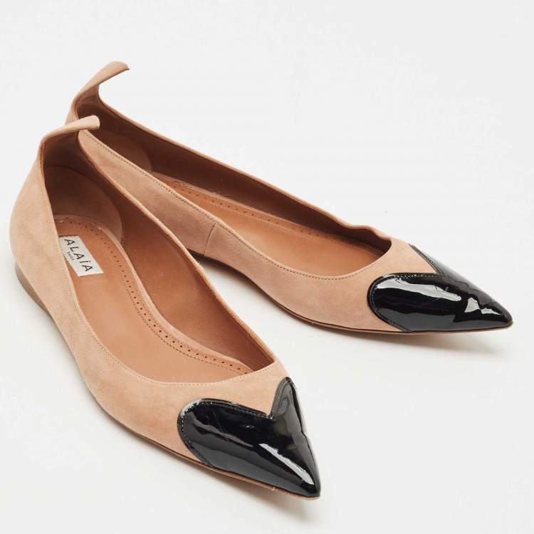 Pre Owned Alaia Beige/Black Patent Leather and Suede Ballet Flats Size 38