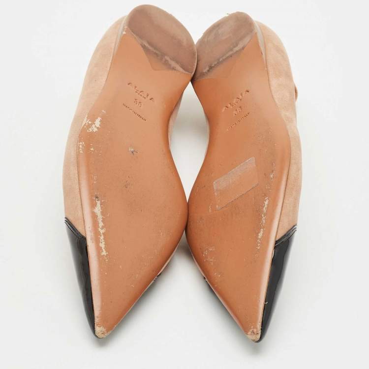 Pre Owned Alaia Beige/Black Patent Leather and Suede Ballet Flats Size 38